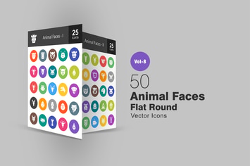 50 Animal Faces Flat Round Icons