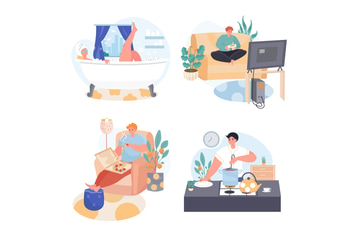People Spend Weekend At Home Concept Scenes Set