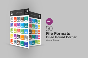 50 File Formats Filled Round Corner Icons