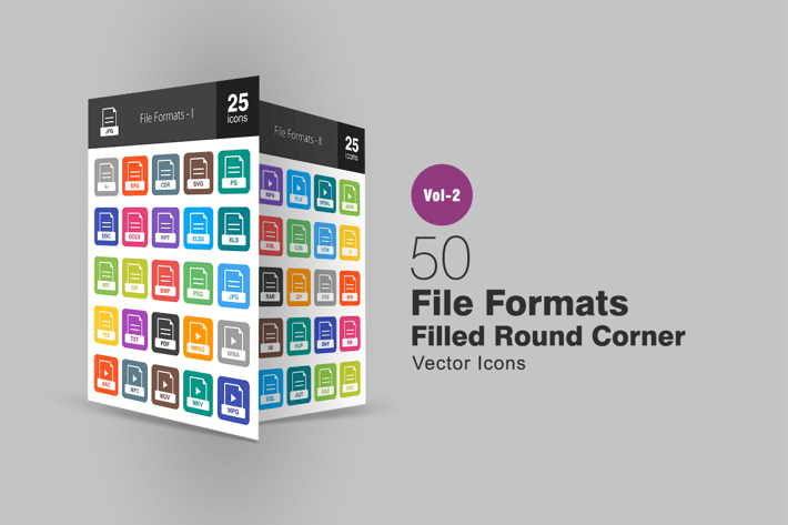 50 File Formats Filled Round Corner Icons