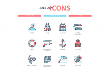 Diving - modern line design style icons set