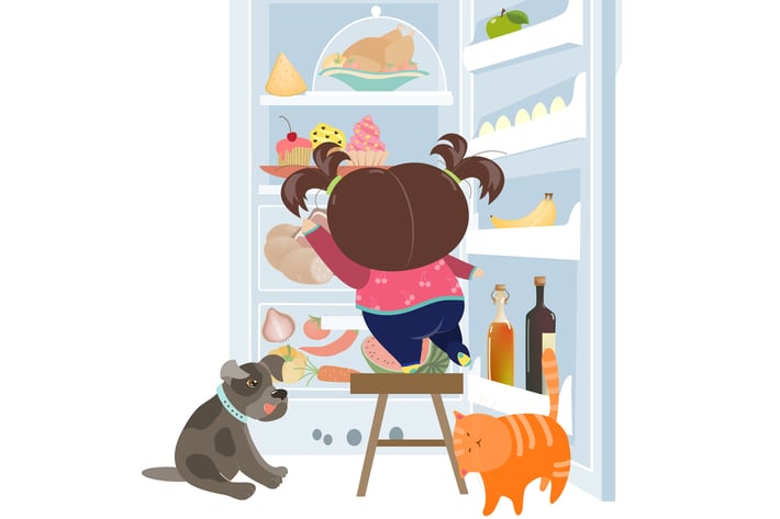 Girl taking the cake from refrigerator. Vector 