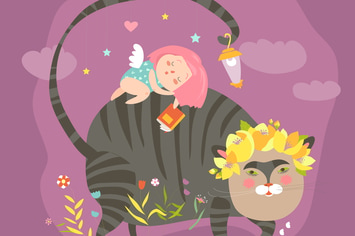 Dreaming girl with for magic cat. Vector 