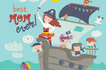 Cute mother pirate sailing with her kids in ship. 