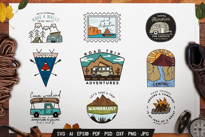 Camp Adventure Badges, Outdoor Travel Logo Labels
