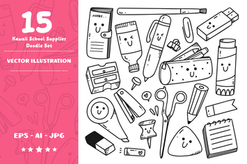 Kawaii School Supplies Line Art Doodle