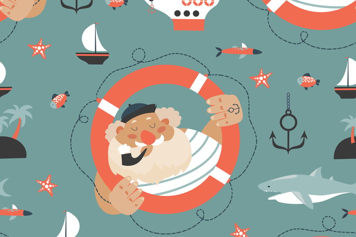 Seamless vector pattern with old sailor,lifebuoy