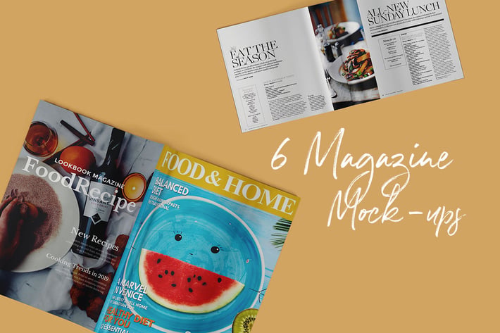 6 Print Magazine Mock-ups Top View