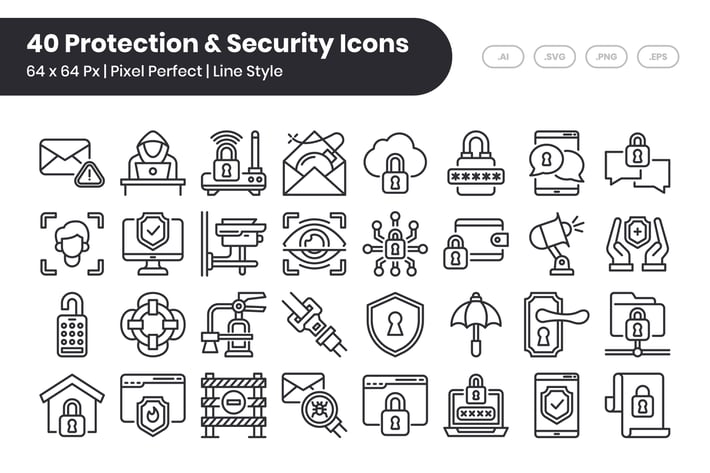 40 Protection & Security Icons Set - Line