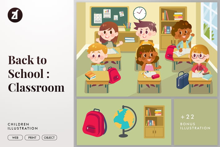 Back to school classroom illustration with objects