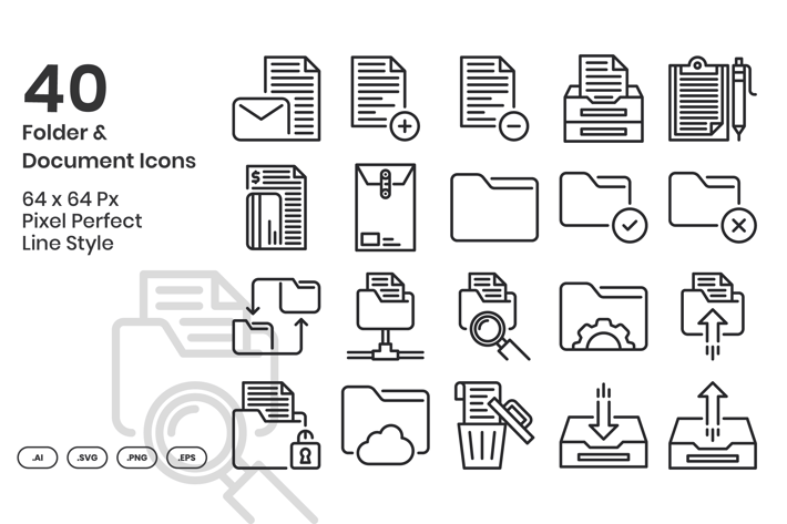 40 Folder & Document Icons Set - Line