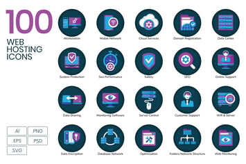 100 Web Hosting Flat Icons