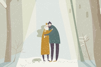 Cartoon couple in love hugging on snowing street. 
