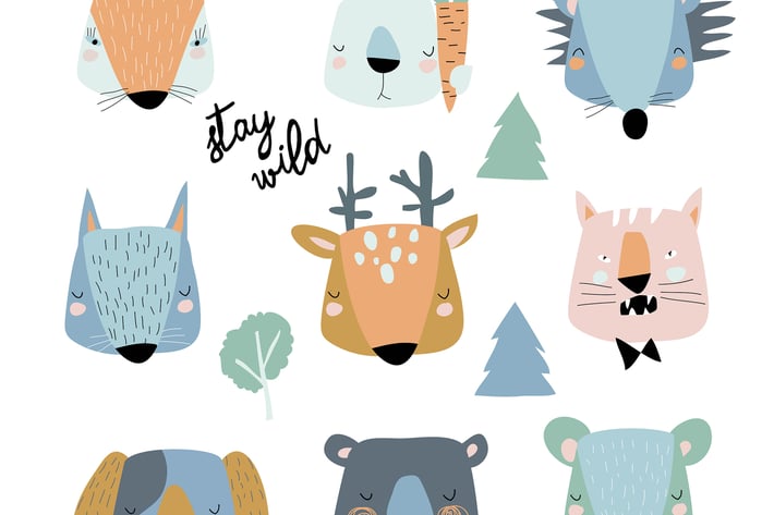 Vector set of cute animals heads on white backgrou