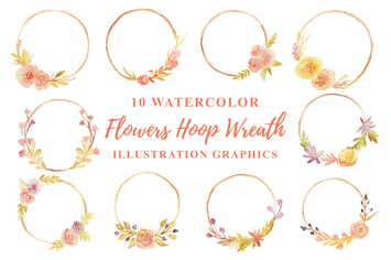 10 Watercolor Flowers Hoop Wreath Illustration