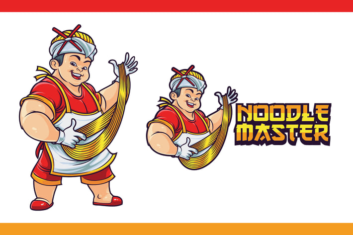 Cartoon Asian Chef Making Noodles Mascot Logo