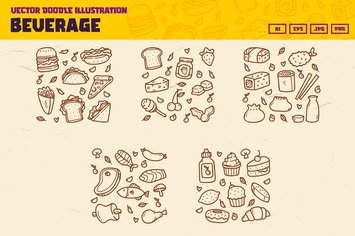 Beverage, Fast food doodle collection