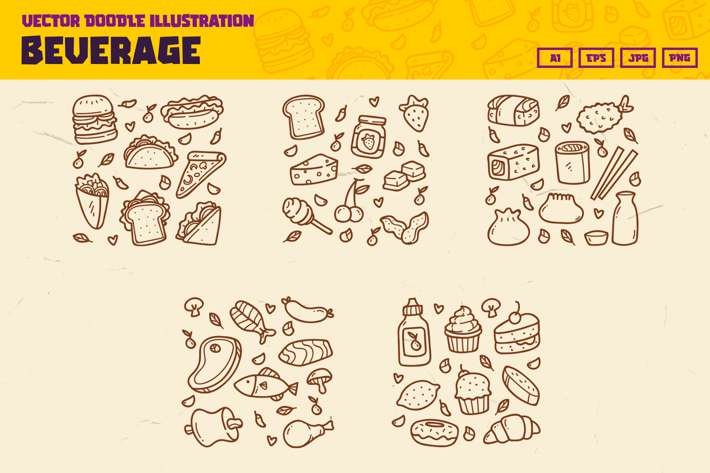 Beverage, Fast food doodle collection