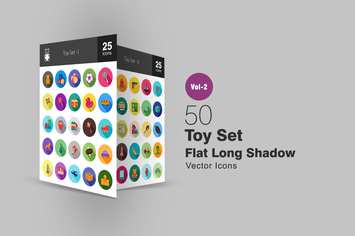 50 Toy Set Flat Long Shadow Icons