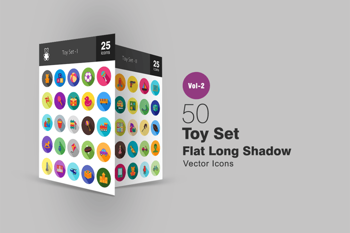 50 Toy Set Flat Long Shadow Icons