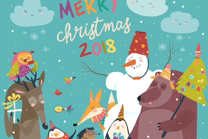 Happy animals celebrating Christmas. Vector 