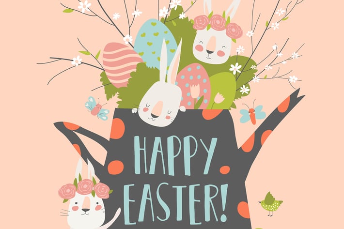 Cute cartoon bunny with Easter eggs and flowers. V