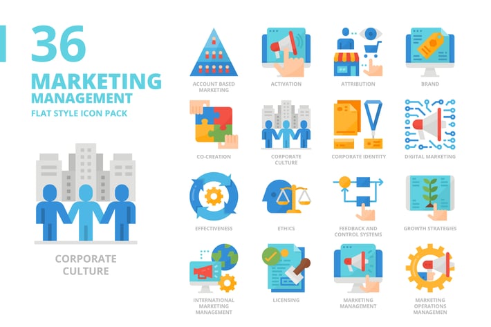 Marketing Management Flat Style Icon Set