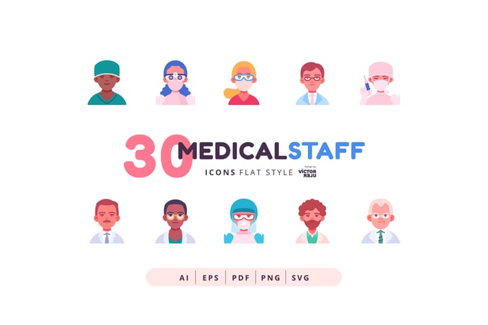30 Icons Medical Staff Flat Style