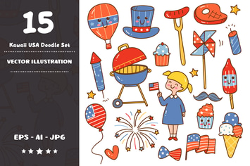 Kawaii USA Independence Day Doodle Set