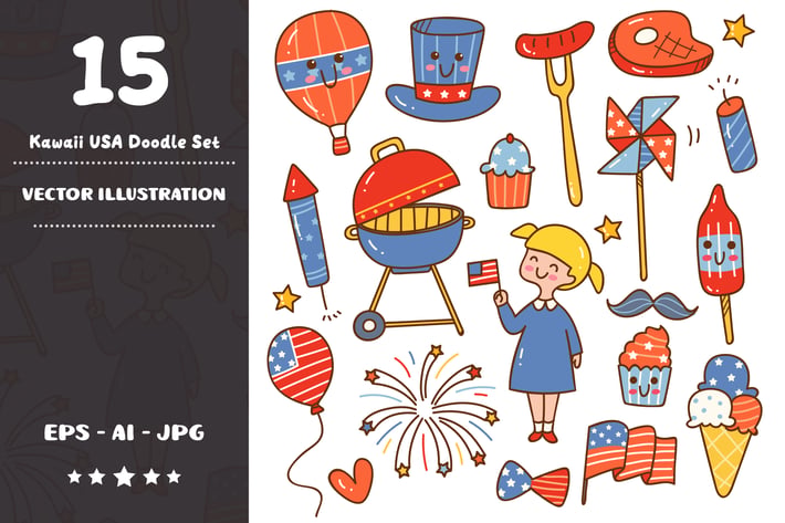 Kawaii USA Independence Day Doodle Set