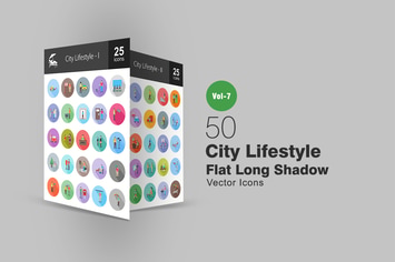 50 City Lifestyle Flat Shadowed Icons