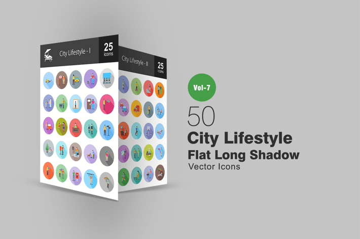 50 City Lifestyle Flat Shadowed Icons