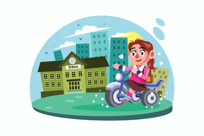 Young Girl go to School Vector Illustration
