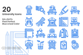 20 University Icons Set - Blue Lineal Color