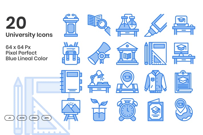 20 University Icons Set - Blue Lineal Color