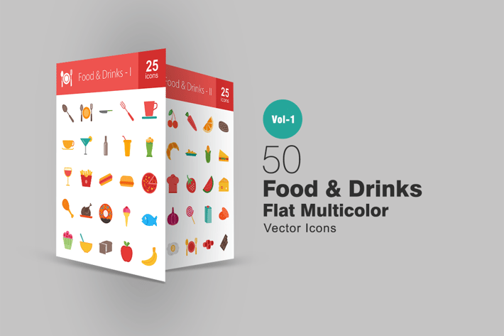 50 Food & Drinks Flat Multicolor Icons