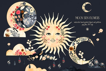 Moon Sun Flowers  - watercolor set