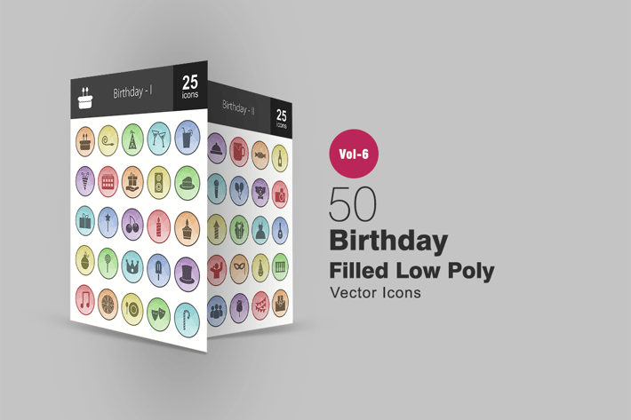 50 Birthday Filled Low Poly Icons