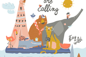 Happy animals riding on the raft on the lake. Litt