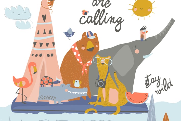 Happy animals riding on the raft on the lake. Litt