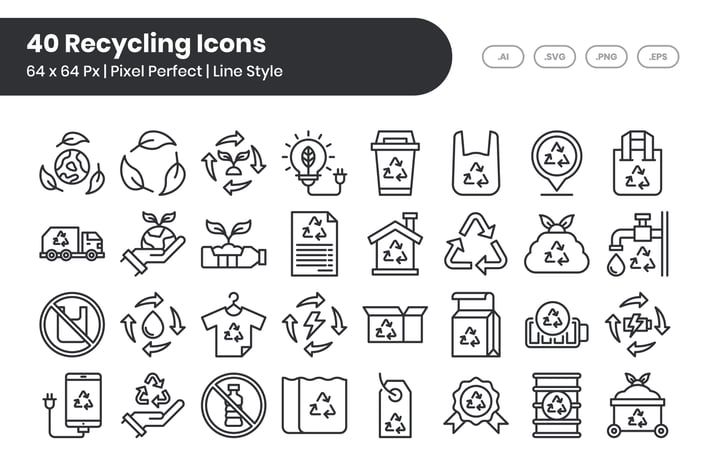 40 Recycling Icons Set - Line