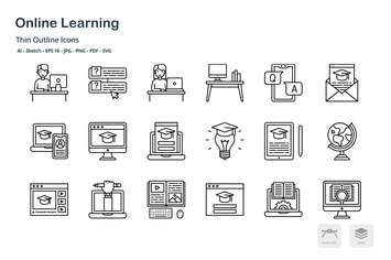 Online learning thin outline icons