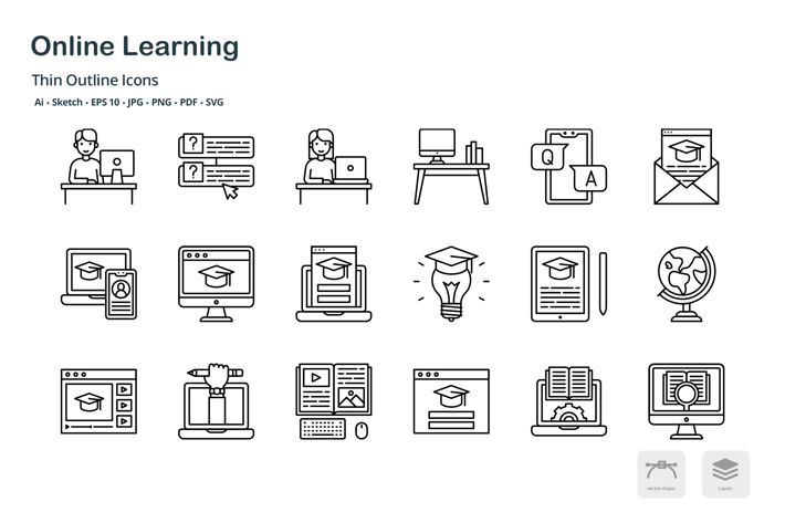 Online learning thin outline icons