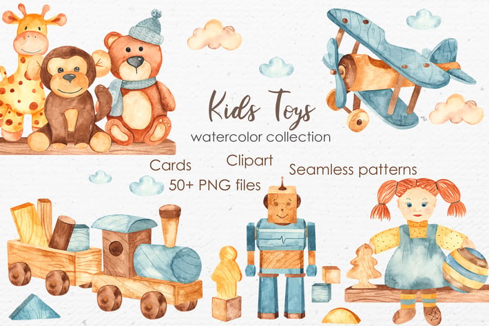 Watercolor kids toys. Clipart, cards, patterns