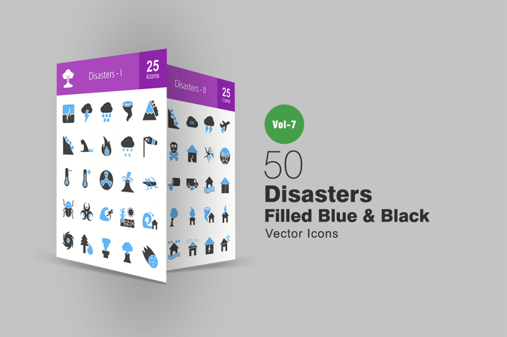 50 Disasters Blue & Black Icons