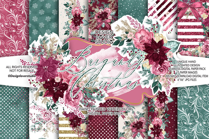 Burgundy Christmas digital paper pack