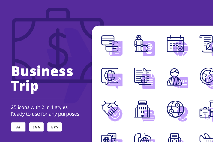 Business Trip Icons (Line and Solid)