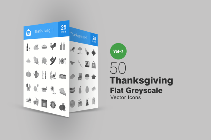 50 Thanksgiving Flat Greyscale Icons
