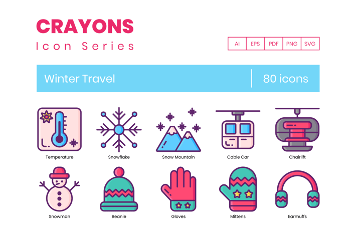 80 Winter Travel Line Icons