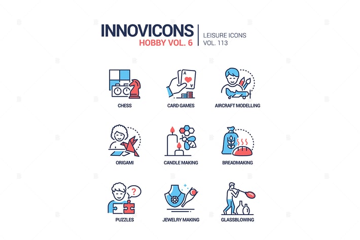 Hobby and activities - line design style icons set